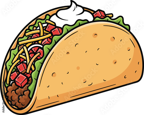 Crunchy beef taco illustration with lettuce cheese tomato and sour cream in a hard corn shell isolated on white background