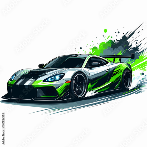 Sleek Silver and Green Sports Car with Dynamic Paint Splatter.