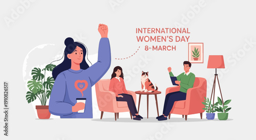 International Women's Day celebration with people, cat, plants, and decor