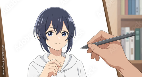 Hand sketching anime character portrait on easel, bookshelf background