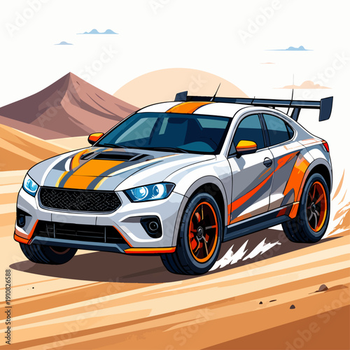 Dynamic rally car speeding with custom paint job.