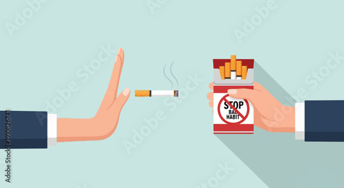 Hand rejecting a cigarette while offering a pack with "stop bad habit" warning