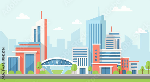 Modern city skyline with geometric buildings and trees under a cloudy sky