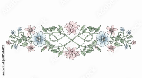 Elegant hand drawn floral divider with delicate pink and blue blossoms.