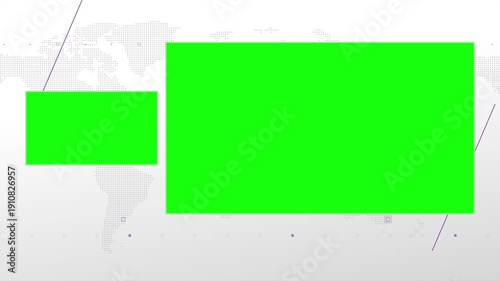 Two box split screen for news, interviews, live broadcast, tv shows, live streaming. Green chroma key cut, 4K loopable world map background with purple elements, simplicity and minimalism design.
