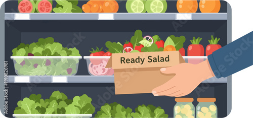 Hand reaches for a ready-to-eat salad from a refrigerator shelf
