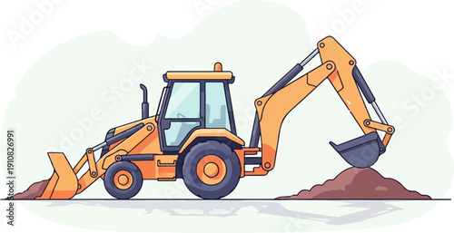 Orange backhoe loader excavating earth on a construction site