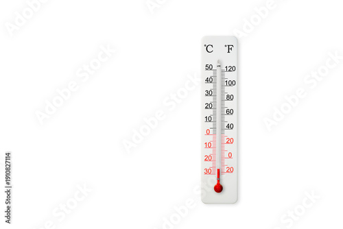 White celsius and fahrenheit scale thermometer isolated on white background. Ambient temperature minus 26 degrees celsius