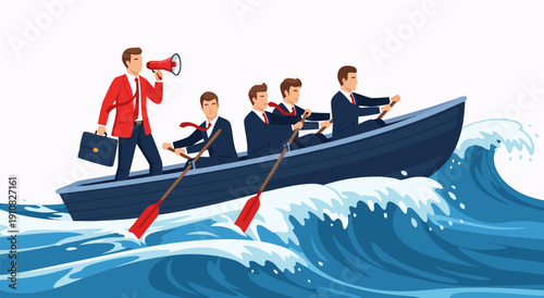 Business team rowing boat through rough water vector illustration leadership concept