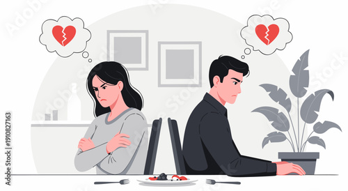 Vector illustration of a couple in conflict sitting back-to-back at a table with broken hearts above their heads