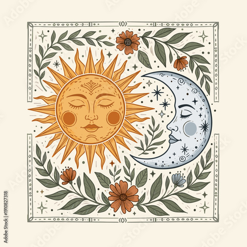 Detailed illustration of a celestial sun and moon with human faces, surrounded by intricate botanical elements and stars in a mystical, bohemian style.