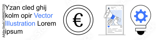 Financial services, fintech, tech innovation, content marketing, digital communication, and creative technology. Euro symbol, mobile ad light bulb and gear icons. Financial services and fintech