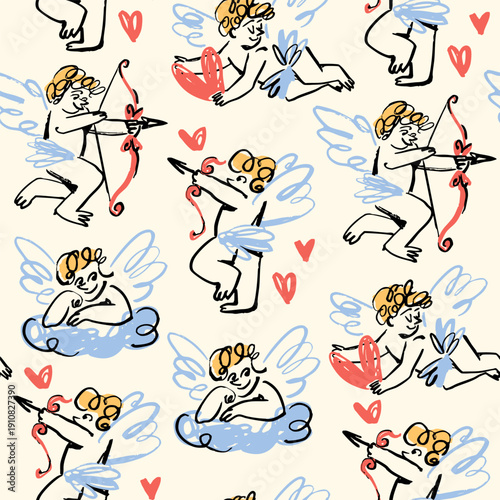 Cupid with bow, arrow, heart, sits on cloud. Cute winged characters. Hand drawn Vector illustration. Valentine's Day, romance, love concept. Quirky, crayon, childish style. Square seamless Pattern