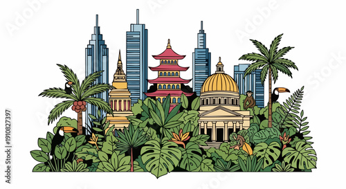 Illustrated collage of city landmarks and tropical jungle foliage.