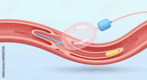 Medical illustration of angioplasty procedure expanding a narrowed artery with a balloon