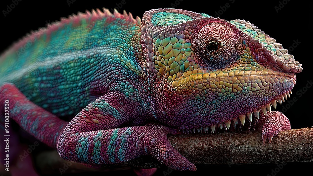 Obraz premium Colorful Chameleon with Vibrant Scales on a Branch in Close-Up View