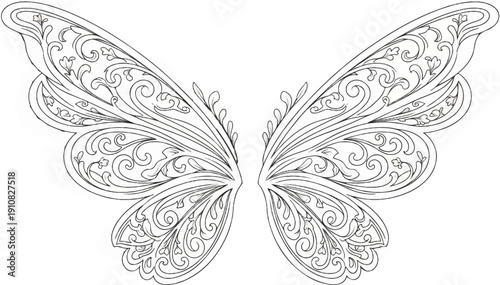Intricate black and white sketched fairy wings with floral swirls