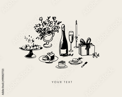 Minimalist hand drawn food and drink vector illustration. Wine, champagne glass, cheese, cake drawings for wedding invitations, menus and parties. Ink doodle sketch style