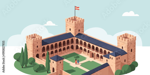 Isometric view of a medieval courtyard with a flag on a tower