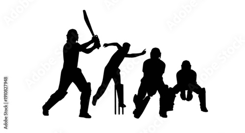 Silhouettes of cricket players in action during a match, including a batsman, bowler, and wicket-keeper isolated on transparent background, Vector