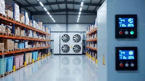Industrial cold storage facility interior with automated temperature control panel