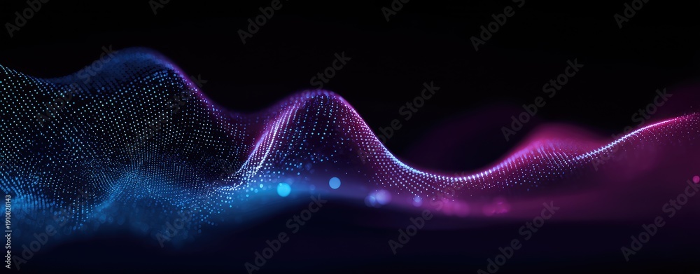 Fototapeta premium Abstract blue and magenta digital wave with glowing particle mesh on dark background, futuristic data flow design, ideal for AI technology, big data visualization and innovation concepts