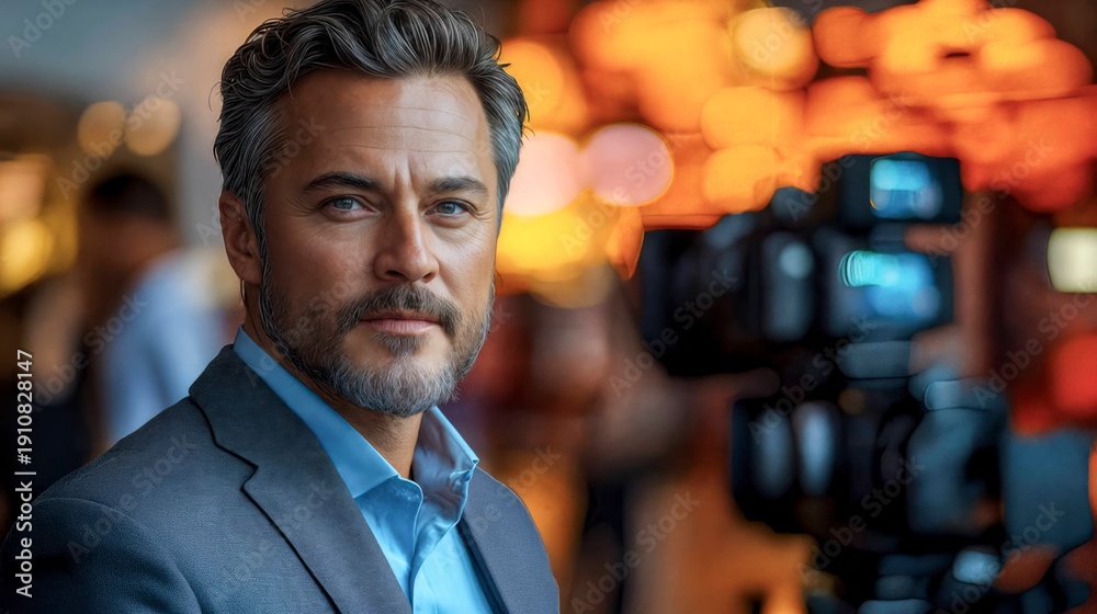 Obraz premium A well-dressed man with a beard poses confidently in front of a camera, with a vibrant, blurred background suggesting a lively event.