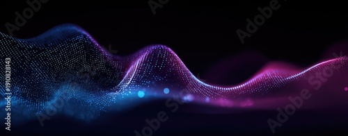 Abstract blue and magenta digital wave with glowing particle mesh on dark background, futuristic data flow design, ideal for AI technology, big data visualization and innovation concepts