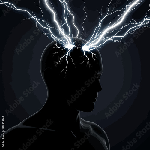 Silhouette of a Human Head with Lightning Bolts Exploding, Representing Ideas or Stress on Dark Background
