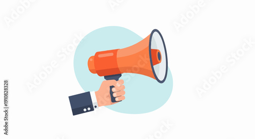 Hand in suit holding an orange megaphone against light blue circle background