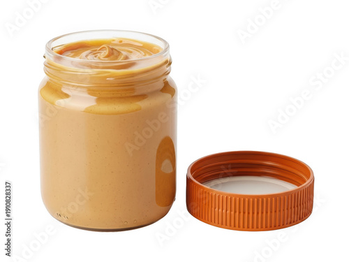 A jar of creamy peanut butter with the lid off isolated on transparent background
