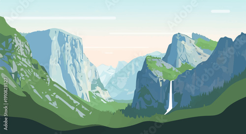 Majestic mountain valley with a waterfall under a soft pastel sky