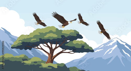 Majestic eagles soar above a savanna tree and snow-capped mountains