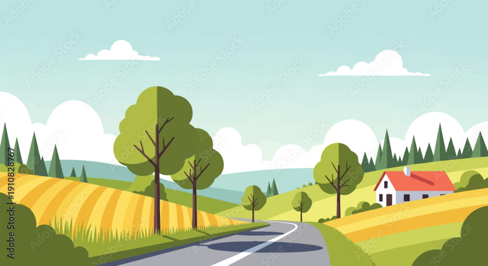 Obraz premium Idyllic countryside with a winding road leading to a cozy home