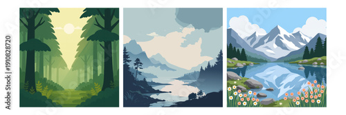Three serene landscape illustrations depicting a sunlit forest, a misty mountain valley, and a snow-capped mountain reflection.
