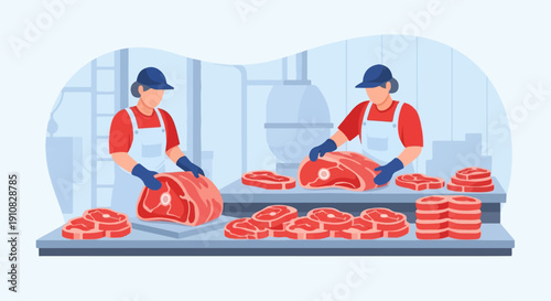 Meat processing workers preparing cuts of raw meat for sale