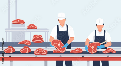 Meat processing plant with workers on a conveyor belt