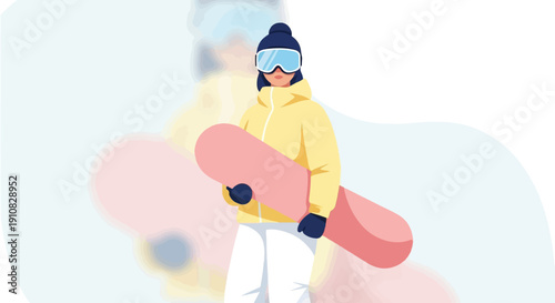 Illustration of a person in winter gear holding a snowboard