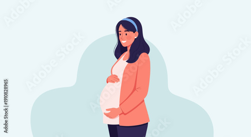 Illustrated woman in profile smiling, holding her pregnant belly