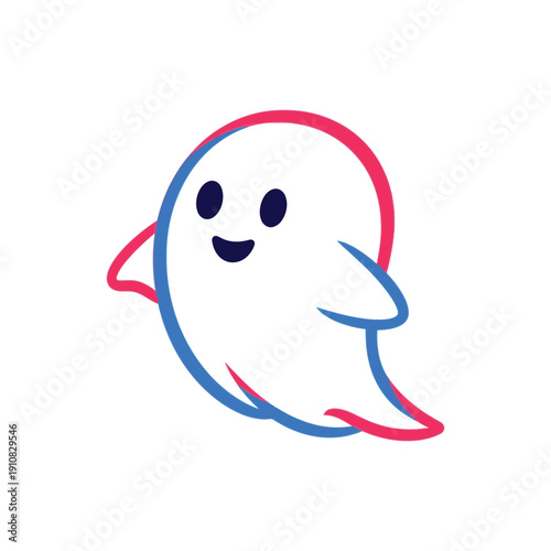 Ghost character in simple cartoon style with blue and red outline on white background for digital illustration
