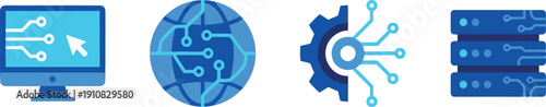 A collection of digital technology icons representing global network infrastructure and data management