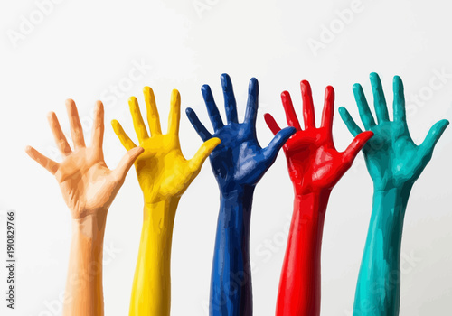 Five raised hands painted in different colors