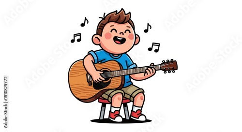 Joyful serenade: Young boy immersed in musical bliss with his acoustic guitar