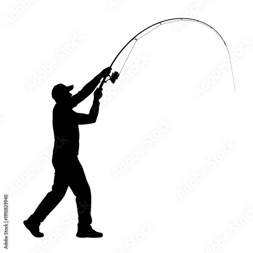 Silhouette of a fisherman casting a fishing rod, isolated.