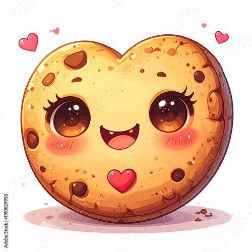 Heart-shaped cookie with chocolate chips and a cute, smiling face, surrounded by tiny hearts, against a white background