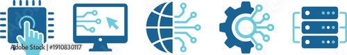 Digital technology icons illustrating global networking data processing and cloud computing infrastructure