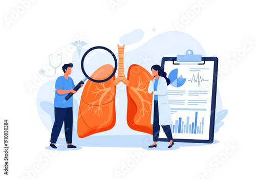 Doctors examining human lungs with magnifying glass and clipboard