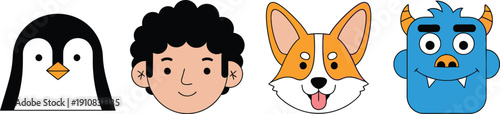 A set of colorful cartoon animal and human faces in a vector graphic illustration