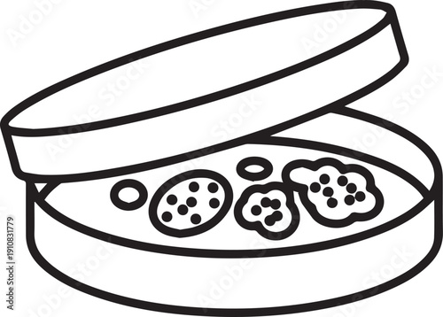 Petri dish with bacteria colonies in lab microbiology experiment hand drawn vector line art illustration