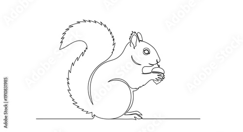 Minimalist line art drawing of a squirrel eating a nut on white background.